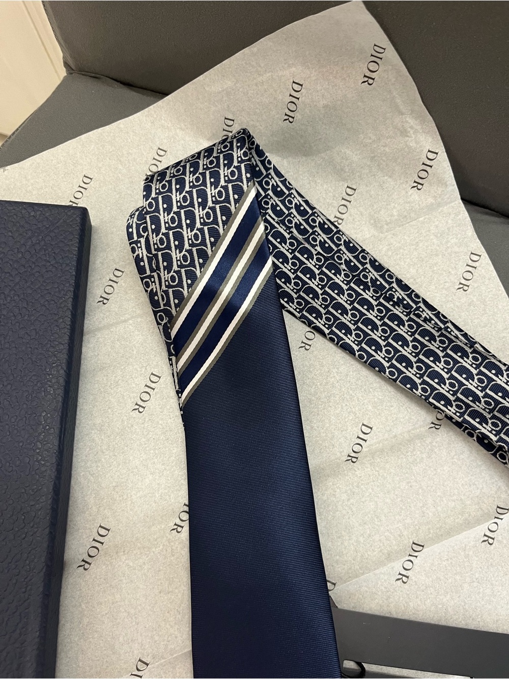 Dior Navy Silk Tie with Signature Dior Pattern - Picture 3 of 4